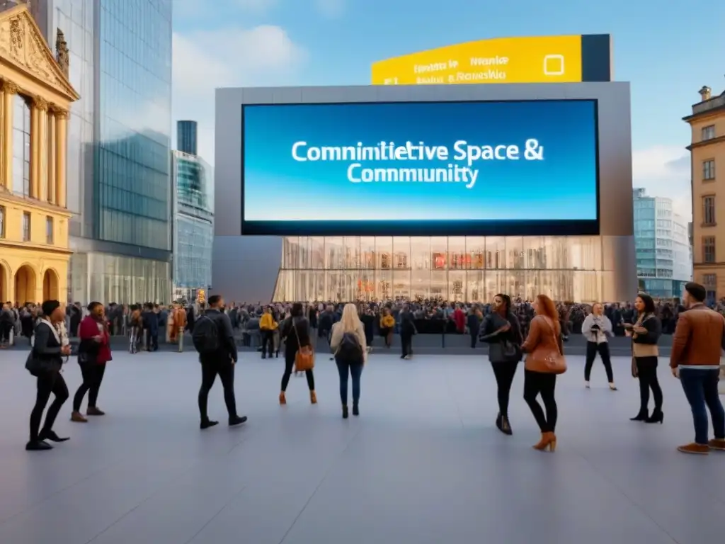 Plaza digital del futuro: comunidad vibrante en 8k Vibrante plaza con pantallas digitales interactivas, profesionales y estudiantes