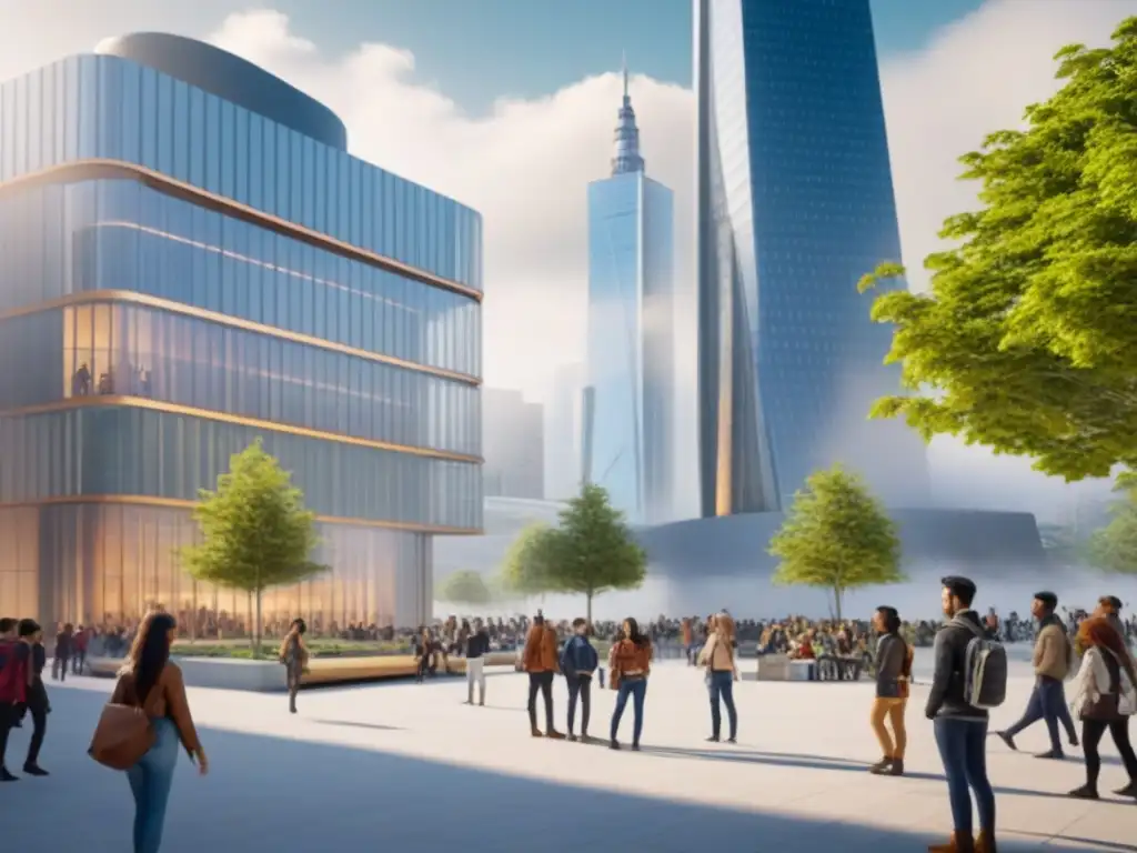 Plaza educativa del futuro: estudiantes innovadores en acción Vibrante plaza urbana con estudiantes colaborando en proyecto de planificación urbana sostenible, rodeados de edificios futuristas