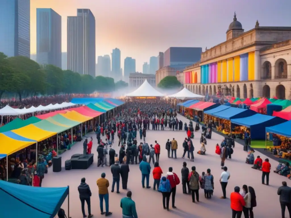 Plaza urbana vibrante: arte, cultura y comunidad Vibrante plaza urbana con eventos culturales y arte urbano, promoviendo la importancia de la cultura y el diseño en la comunidad