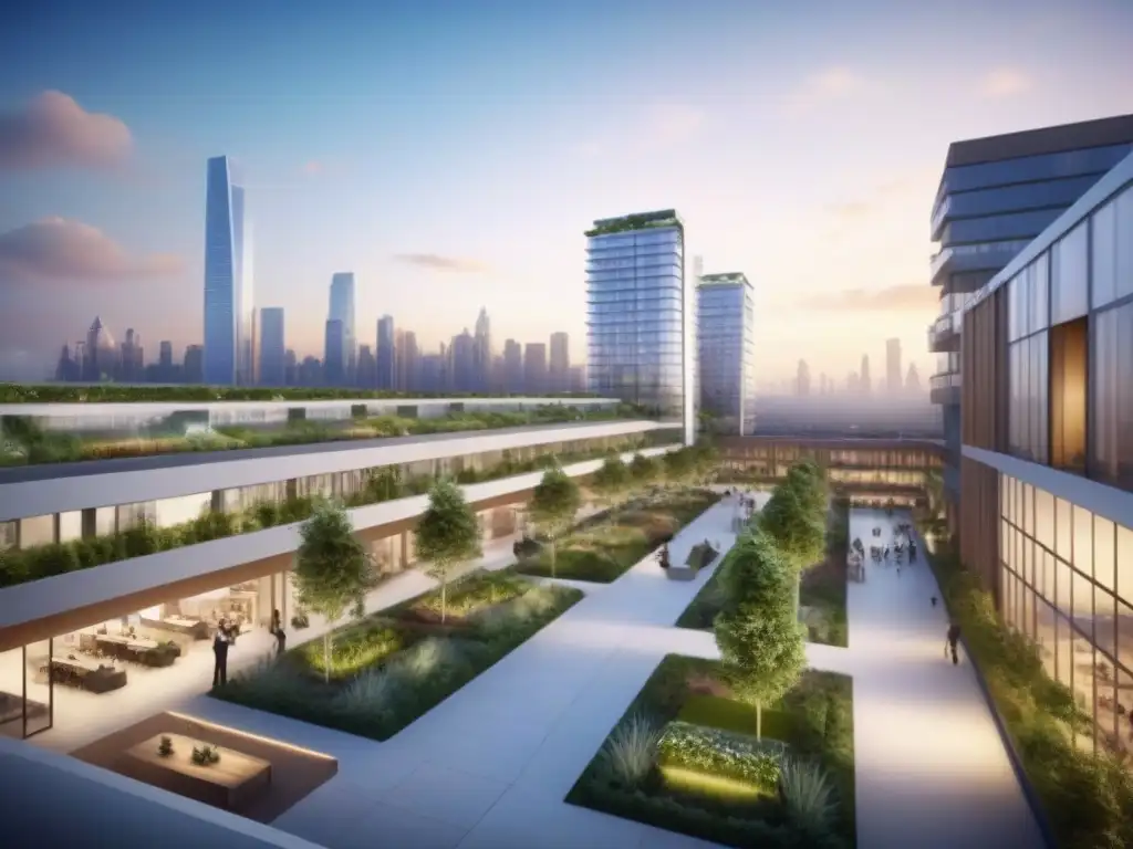 Desarrollo urbano innovador: diseño futurista y vida vibrante Un vibrante proyecto inmobiliario con financiamiento alternativo para desarrolladores, con edificios modernos, jardines en azoteas y espacios comunales llenos de gente diversa