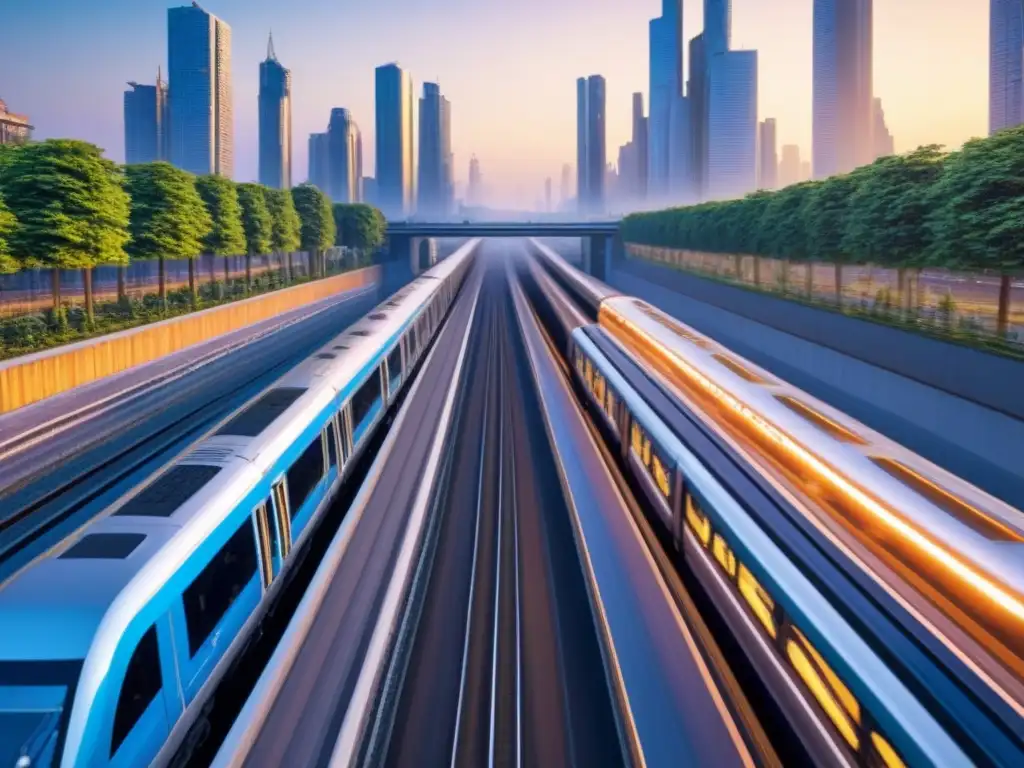 Metrópolis moderna: Sunset en la jungla urbana Vibrante metrópolis con rascacielos, trenes futuristas y parques verdes, reflejando el progreso en áreas metropolitanas