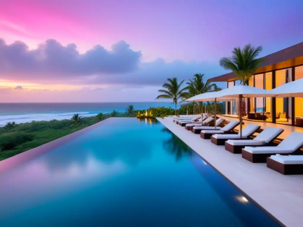 Resort de lujo frente al mar en México: inversión y relajación Vibrante resort de lujo frente al mar en México, con arquitectura moderna, piscinas infinitas y atardeceres espectaculares