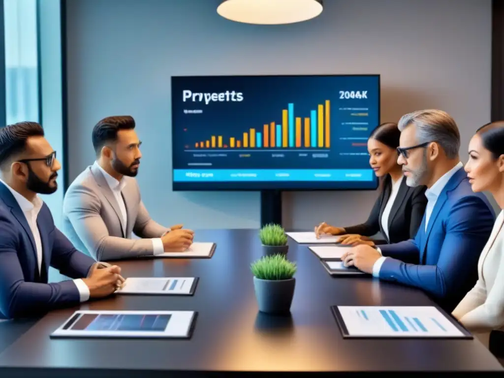 Inversores inmobiliarios en reunión estratégica Una vibrante reunión de inversores inmobiliarios en una sala moderna, estratégica y colaborativa