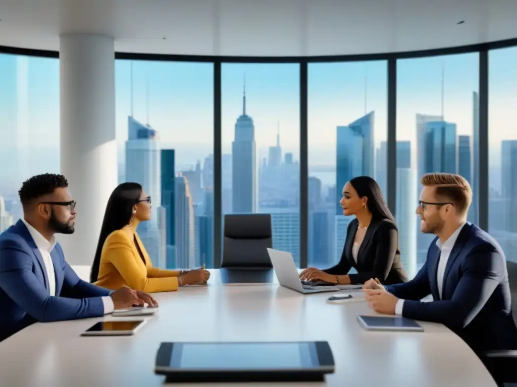 Inversores privados unidos en inversión inmobiliaria avanzada Una vibrante reunión de profesionales en una oficina moderna, discutiendo sobre inversiones inmobiliarias avanzadas