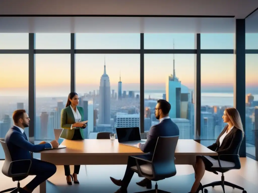 Profesionales expertos discuten seguros de propiedad en oficina moderna Una vibrante reunión de profesionales en una oficina moderna discutiendo sobre seguros para propiedades comerciales