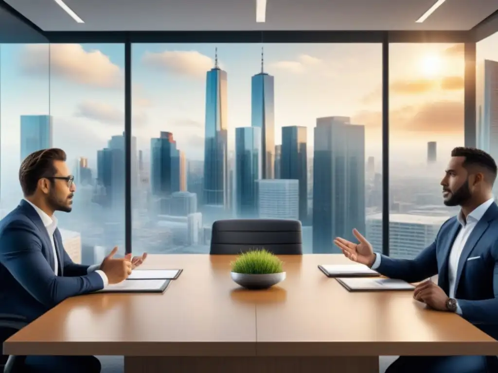 Innovación y colaboración: Profesionales debaten oportunidades de inversión inmobiliaria Una vibrante reunión de profesionales en una oficina moderna, discutiendo sobre oportunidades de inversión inmobiliaria diversificada
