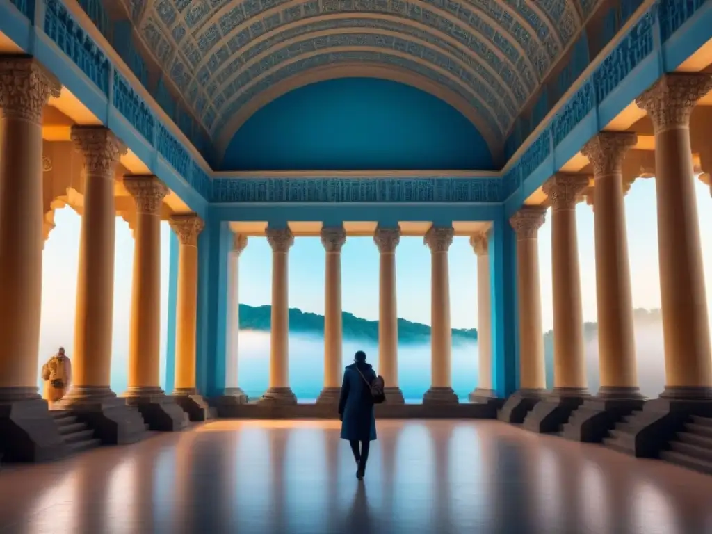 Sitio patrimonial cultural: ilustración vibrante y moderna Un vibrante sitio cultural con arquitectura intrincada, visitantes diversos y esfuerzos de conservación bajo un cielo azul brillante