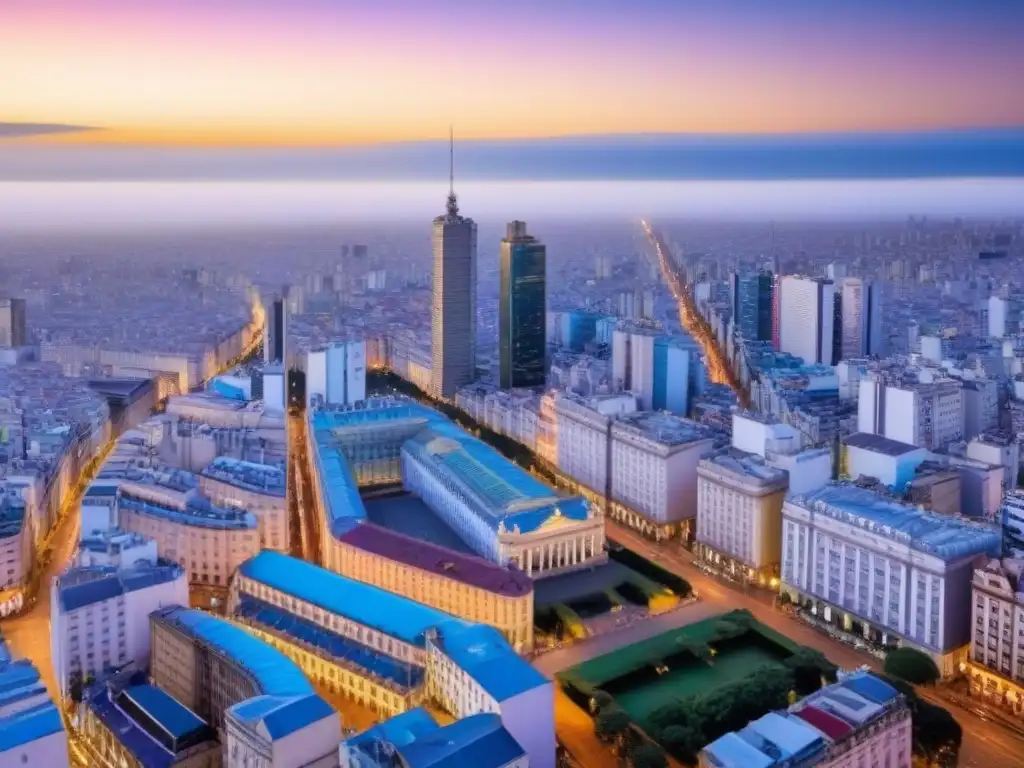 Buenos Aires al atardecer: fusión de historia y modernidad Vibrante skyline de Buenos Aires al atardecer, fusionando historia y modernidad