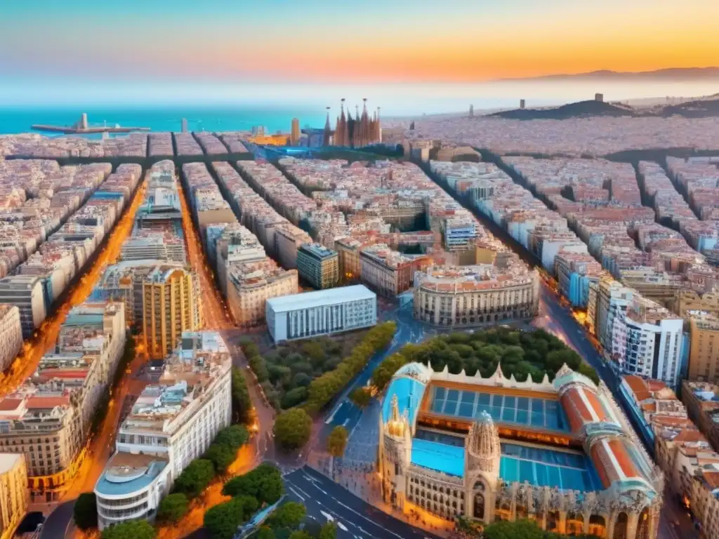 Barcelona: Fusión histórica y moderna en atardecer vibrante Vibrante skyline de Barcelona al atardecer, resaltando la importancia de la ubicación en inversión inmobiliaria en España