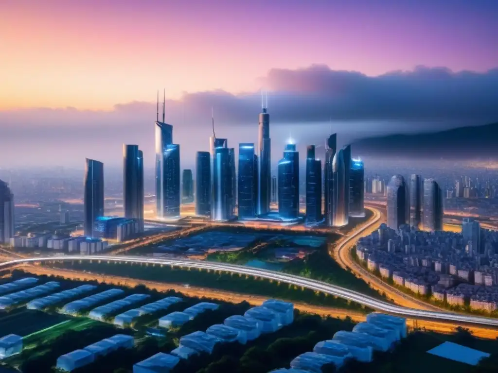 Skyline futurista de ciudad inteligente: luces y tecnología 8k Vibrante skyline de ciudad inteligente de noche, con tecnología integrada y movilidad autónoma