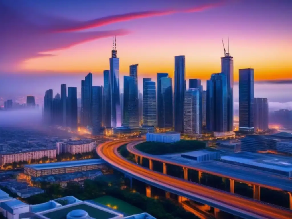 Skyline urbano moderno en 8k: luces vibrantes y vida urbana compartida Vibrante skyline de ciudad moderna al anochecer, con rascacielos iluminados y calles llenas de actividad