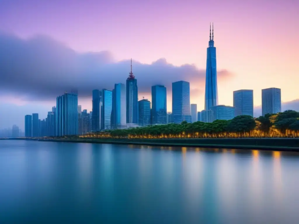 Horizonte urbano moderno al anochecer: rascacielos iluminados Vibrante skyline de ciudad moderna al atardecer, con rascacielos iluminados y calma en el río