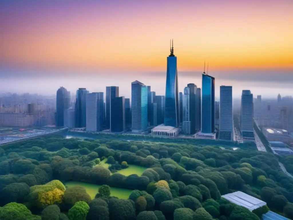 Horizonte urbano moderno al atardecer en la ciudad financiera Vibrante skyline de ciudad moderna al atardecer, reflejando estrategias de inversión en impuestos inmobiliarios