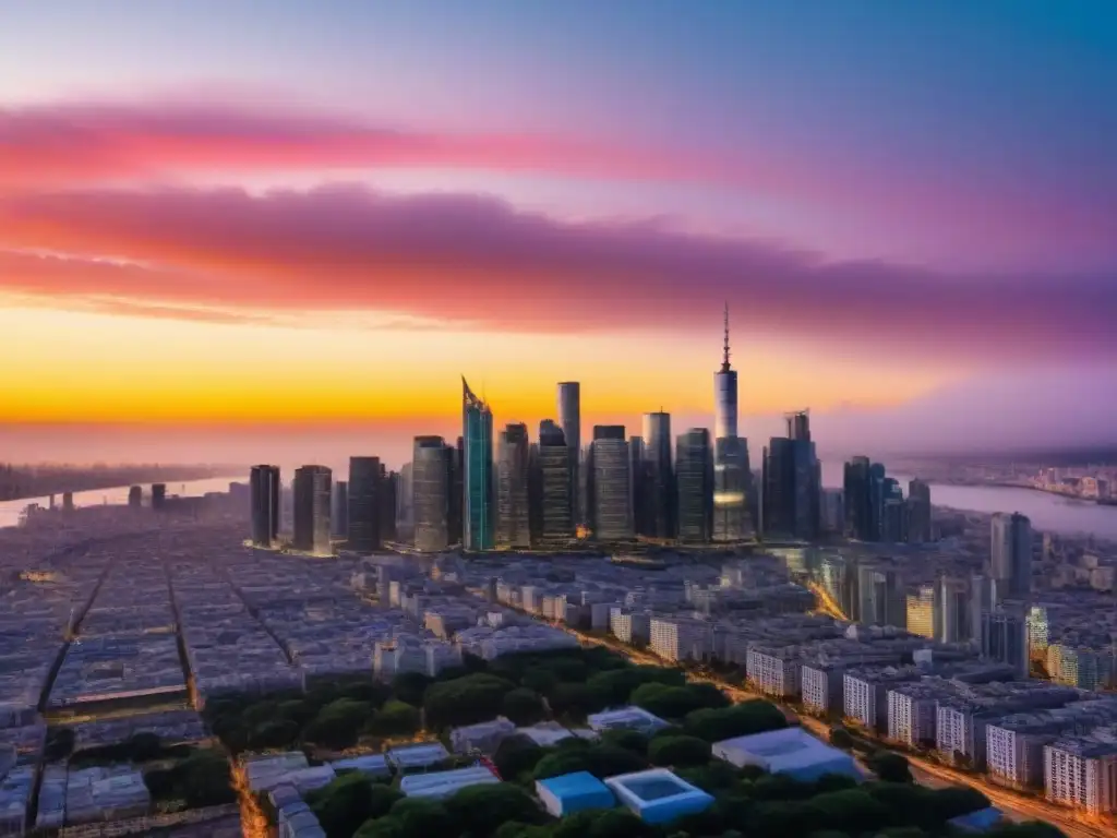 Horizonte urbano moderno en 8k: inversión inmobiliaria vibrante Vibrante skyline de ciudad con rascacielos modernos reflejando colores del atardecer, simbolizando la liquidez en inversión inmobiliaria