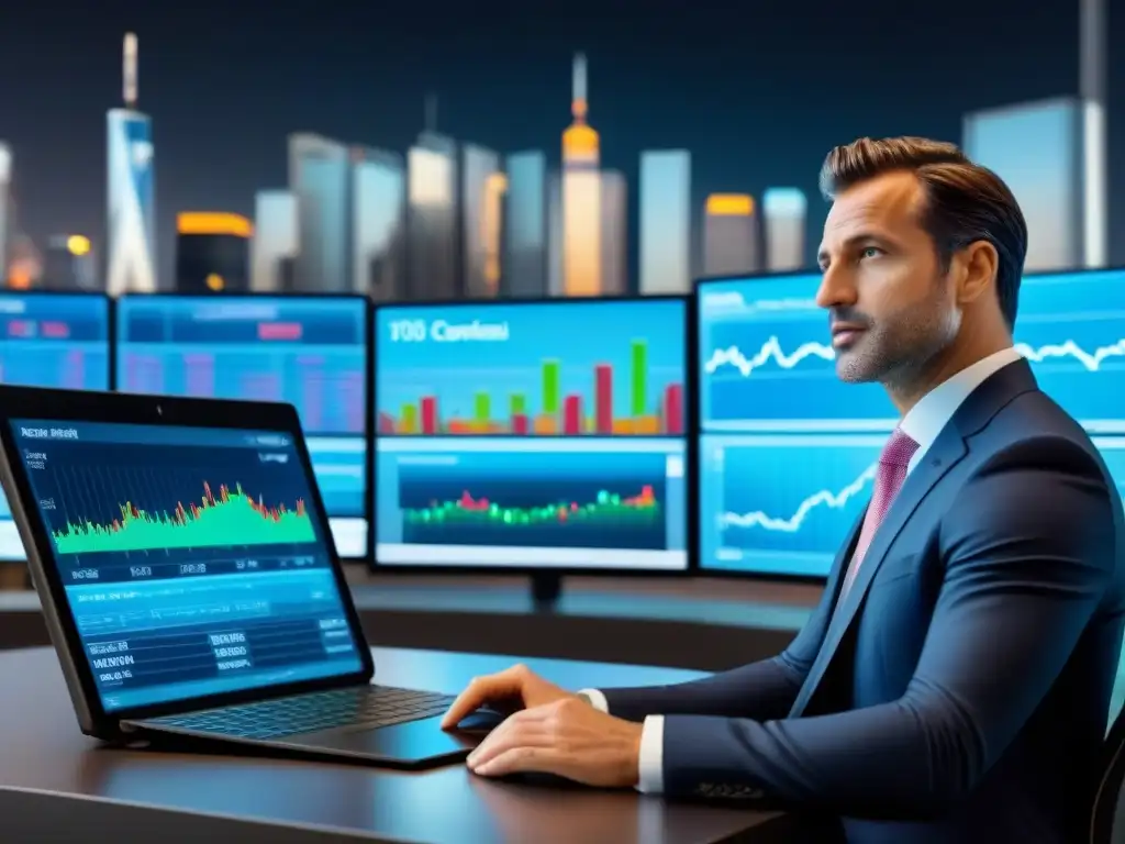 Skyline financiero: REIT y políticas monetarias en la ciudad Vibrante skyline financiero con ejecutivos analizando datos sobre Políticas monetarias y rendimiento REITs