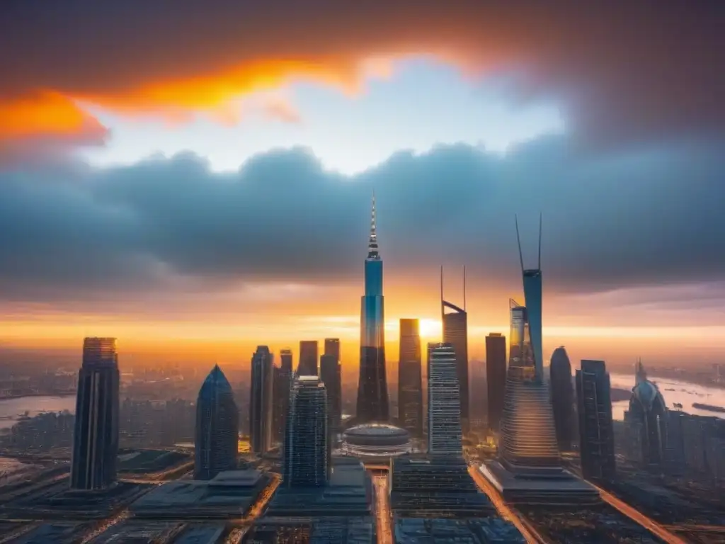Horizonte futurista: inversión inmobiliaria y arquitectura vanguardista Un vibrante skyline futurista de la ciudad con rascacielos dorados al atardecer
