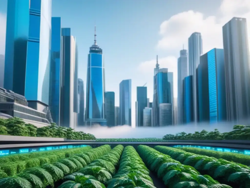 Horizonte futurista: Ciudad financiera próspera y tecnológica Vibrante skyline futurista con rascacielos modernos y naturaleza exuberante, reflejando el crecimiento del mercado inmobiliario