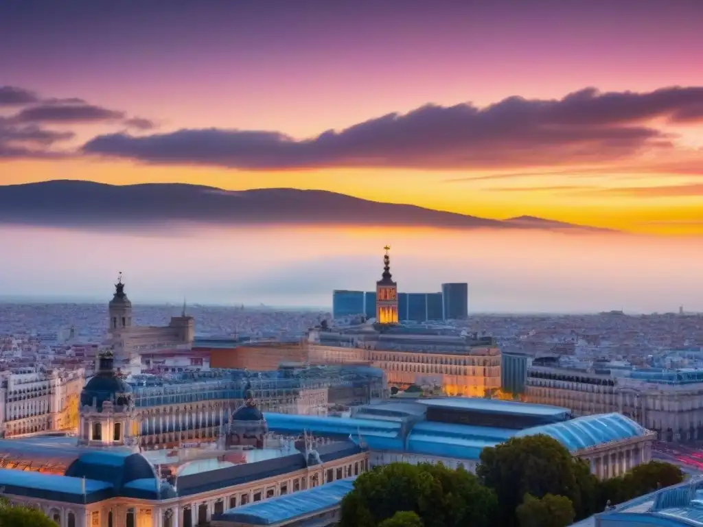 Espectacular atardecer sobre el skyline de Madrid Vibrante skyline de Madrid al anochecer con modernos rascacielos iluminados y bulliciosa vida urbana