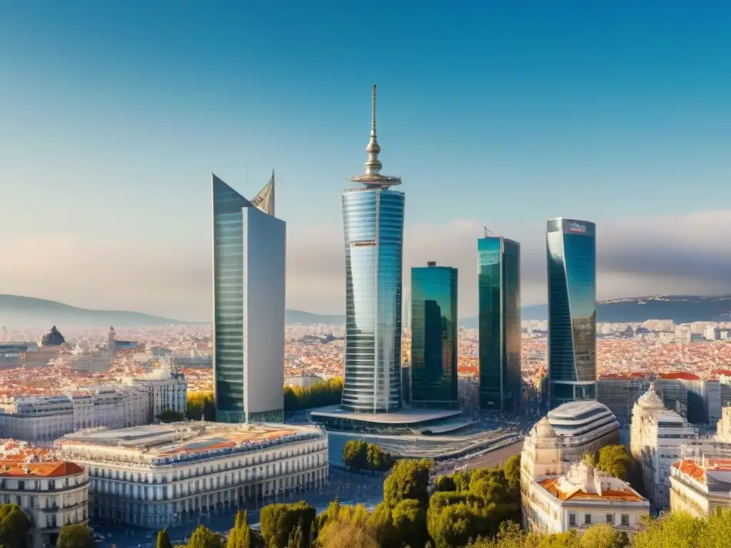 Skyline moderno de Madrid: oportunidades en el mercado inmobiliario Vibrante skyline de Madrid con modernos rascacielos y calles llenas de profesionales