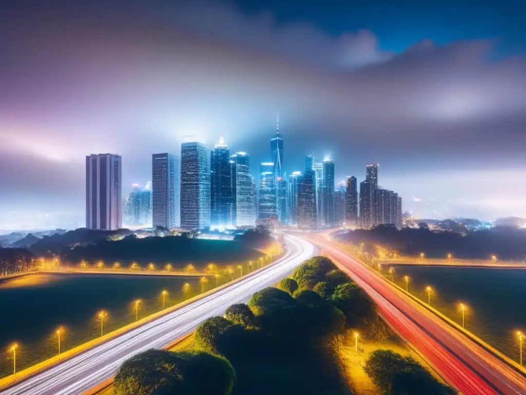 Horizonte urbano nocturno: fusión de big data y AI en bienes raíces Vibrante skyline nocturno de una ciudad moderna con luces brillantes, ilustrando la inversión inmobiliaria big data IA