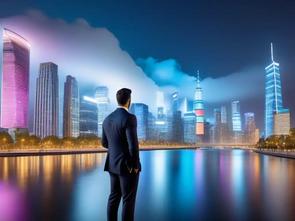 Profesionales en ciudad nocturna con datos financieros Vibrante skyline nocturno de la ciudad con profesionales y estrategias inversión inmobiliaria ciclos económicos