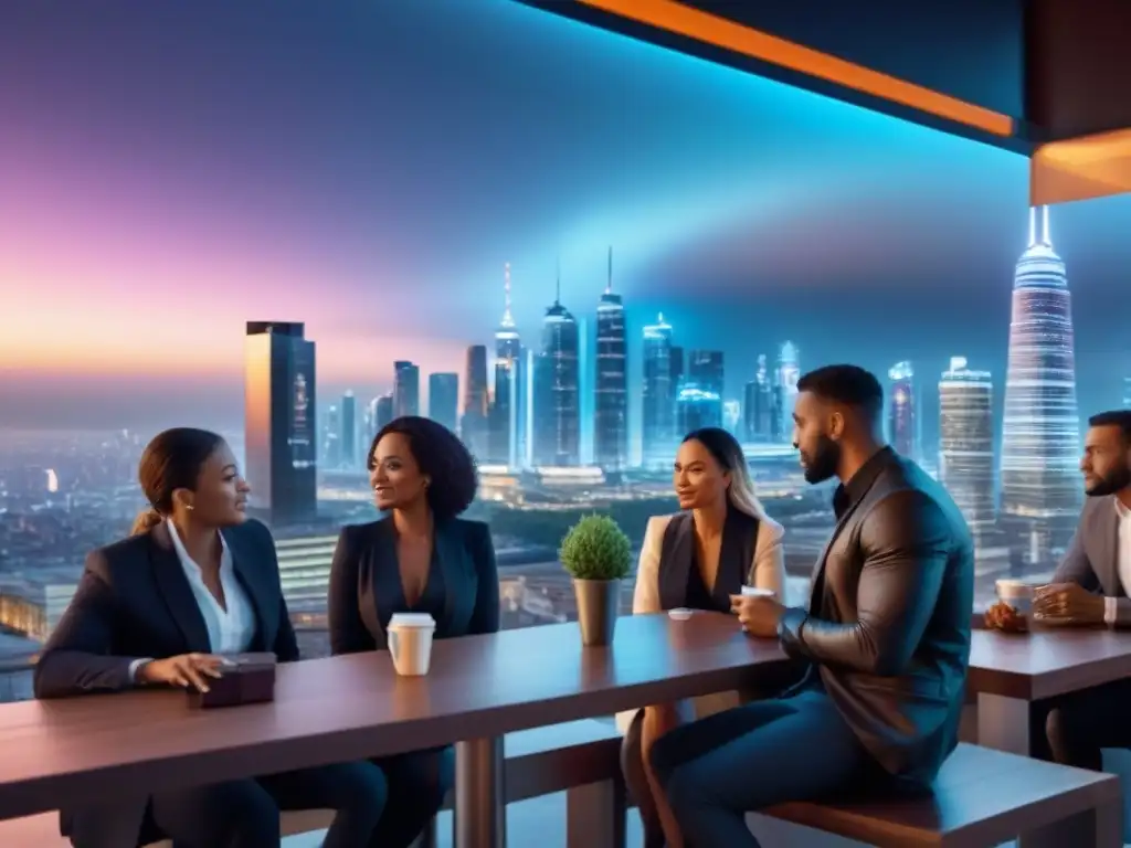 Skyline futurista: inversión inmobiliaria y fintech Vibrante skyline nocturno con tecnología fintech y inversión inmobiliaria en una ciudad moderna