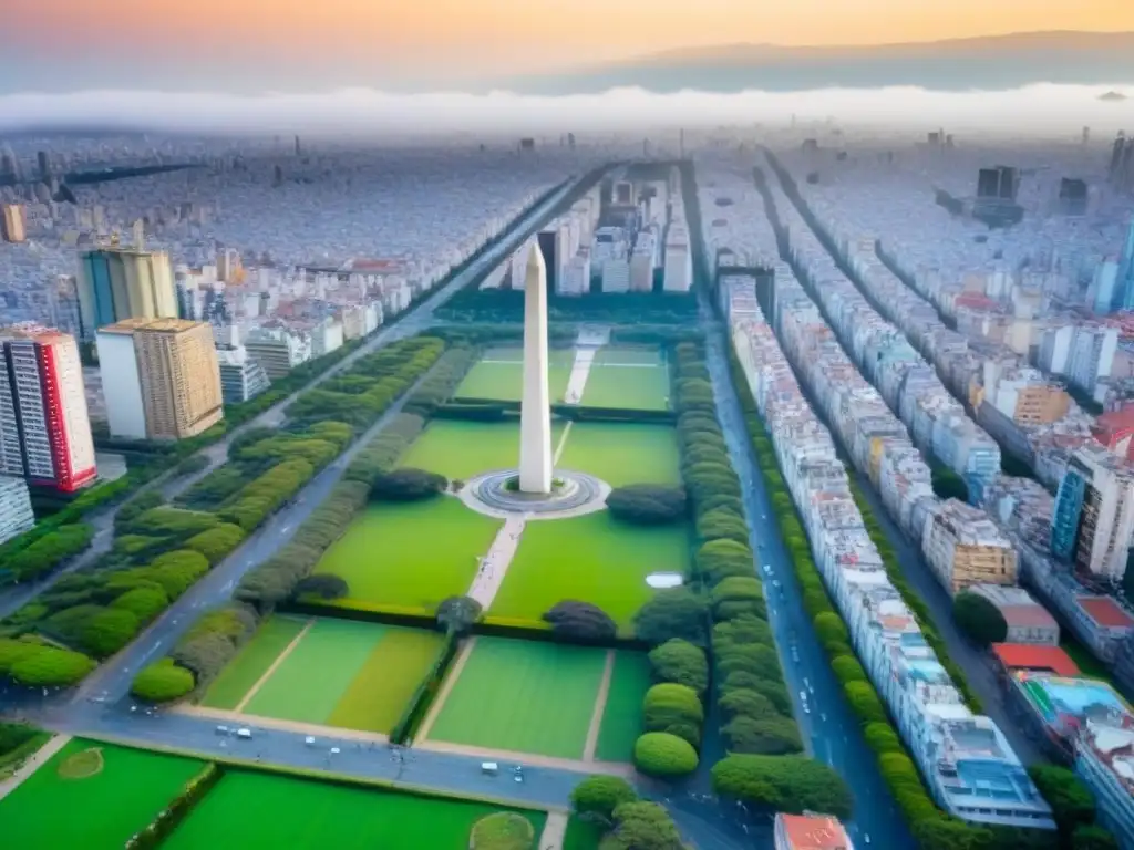 Esplendor urbano y naturaleza en Buenos Aires Vibrante skyline de Buenos Aires con rascacielos modernos y el icónico Obelisco, reflejando la fusión entre desarrollo urbano y áreas verdes, ideal para inversiones propiedades Argentina extranjero