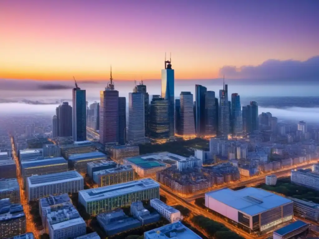 Espléndido atardecer en la ciudad moderna Un vibrante skyline urbano al atardecer con rascacielos de cristal reflejando la luz dorada del sol poniente