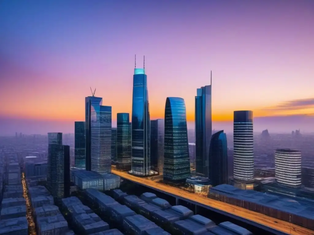 Horizonte urbano al atardecer: inversión inmobiliaria futurista Vibrante skyline urbano al atardecer con rascacielos modernos iluminados por el sol
