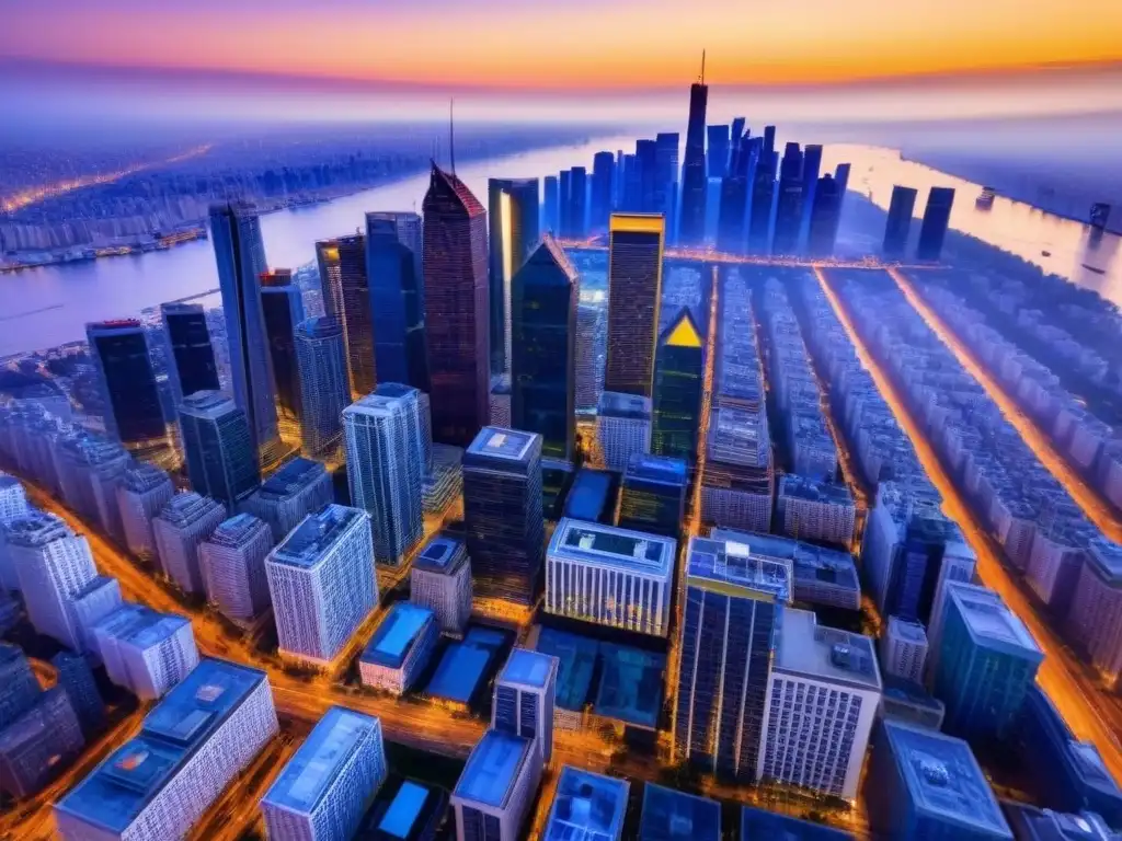Vibrante skyline urbano al atardecer, reflejando modernidad y crecimiento