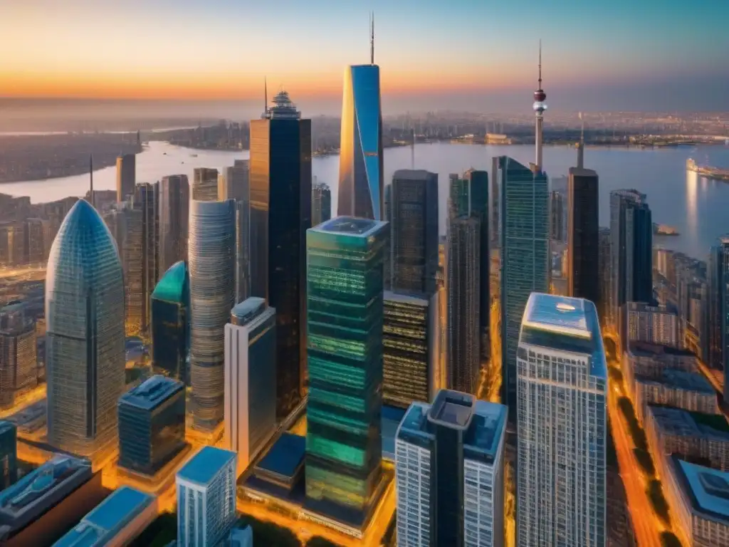 Horizonte urbano de inversión inmobiliaria: diversidad y prosperidad Vibrante skyline urbano diversificado, reflejando la diversificación fondos inversión inmobiliaria