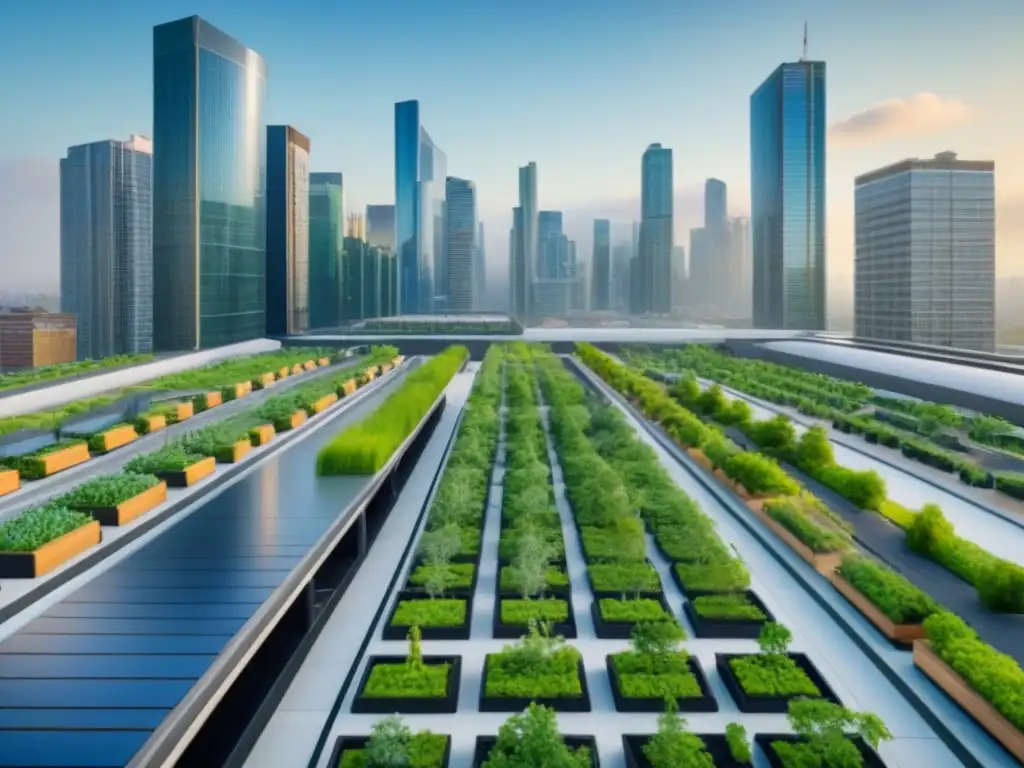Skyline urbano sostenible con infraestructura verde Vibrante skyline urbano con infraestructura verde, muestra la importancia de la Infraestructura Verde en el desarrollo inmobiliario moderno