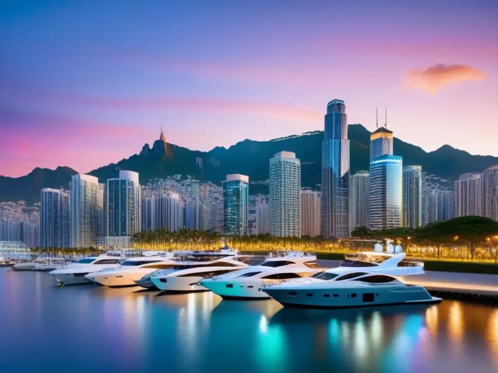 Horizonte urbano: luces vibrantes y lujo en ciudad diversa al atardecer Vibrante skyline urbano con inversiones inmobiliarias internacionales mitos al anochecer