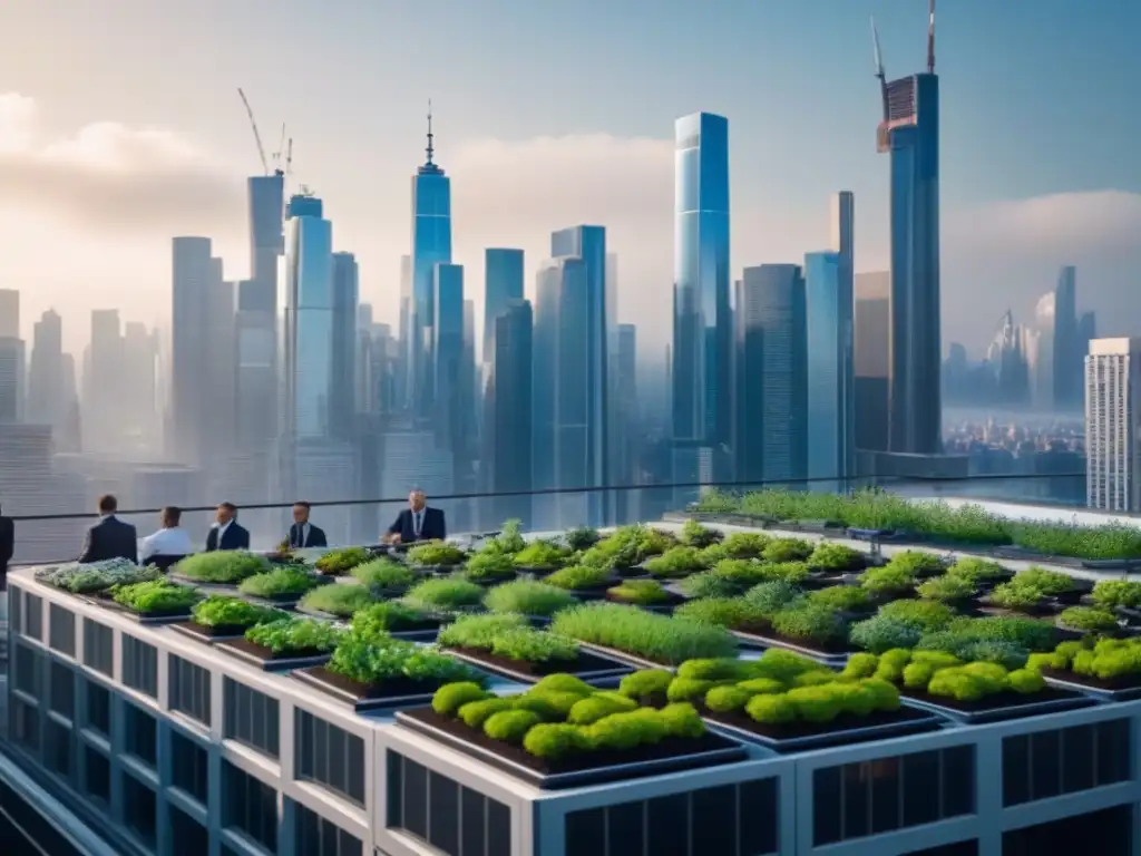 Skyline sostenible: Integración de empresarios y naturaleza en la ciudad Vibrante skyline urbano con jardines en azoteas y paneles solares