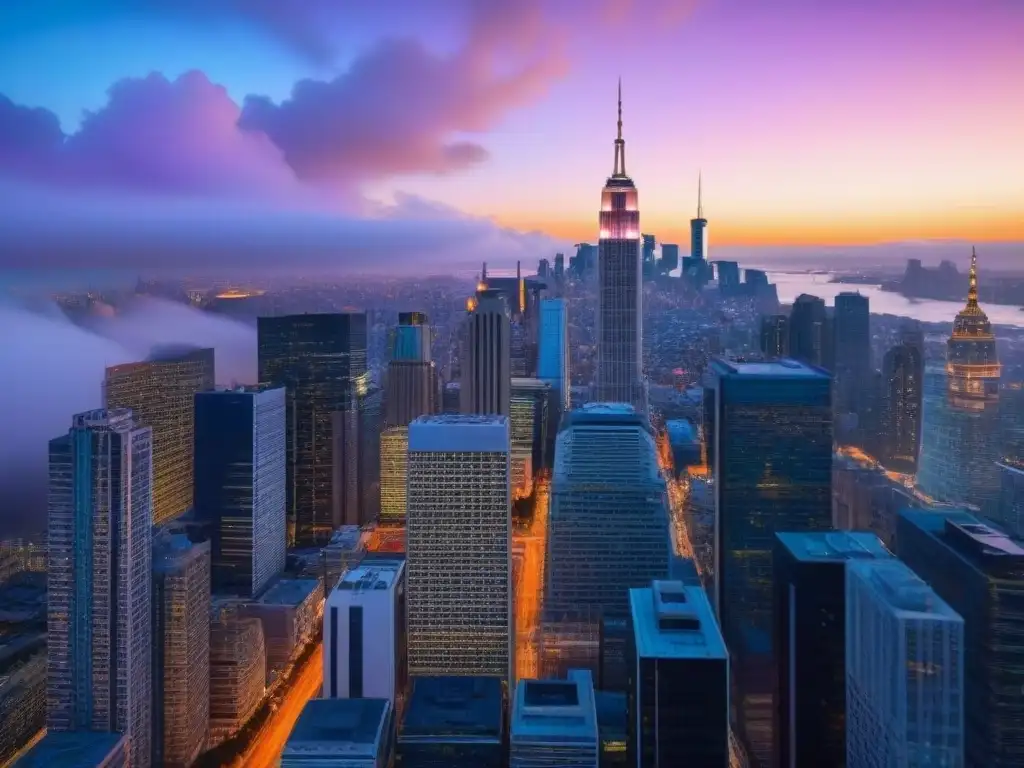 Rascacielos iluminado: protección para comercios modernos Vibrante skyline urbano al anochecer, reflejando la modernidad de propiedades comerciales y las coberturas de seguro necesarias