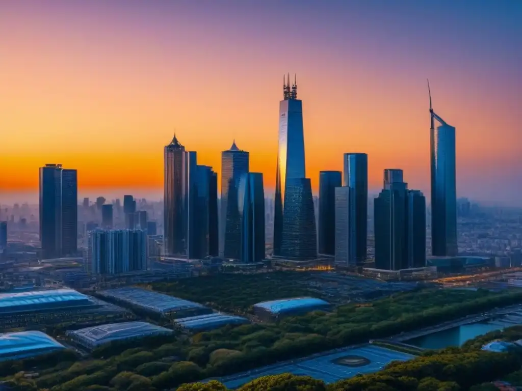 Horizonte urbano al atardecer: desarrollo inmobiliario y prosperidad Vibrante skyline urbano de modernos rascacielos al atardecer