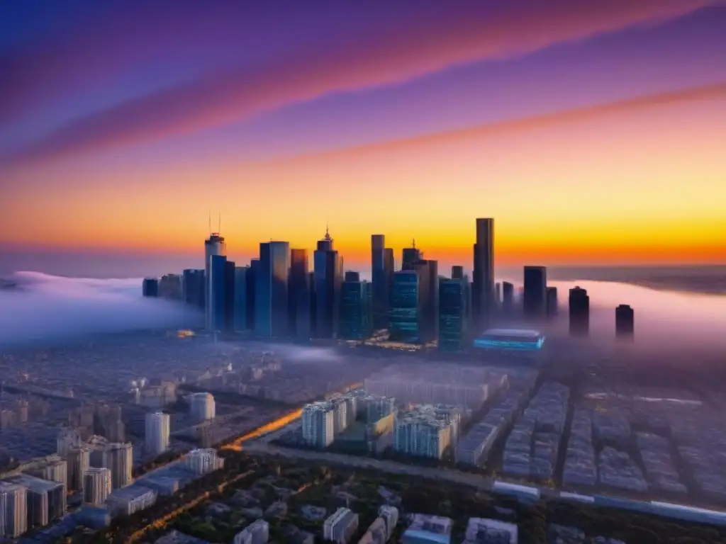 Horizonte urbano moderno en crowdfunding al atardecer Vibrante skyline urbano con rascacielos reflejando el atardecer dorado, ideal para invertir en Crowdfunding inmobiliario