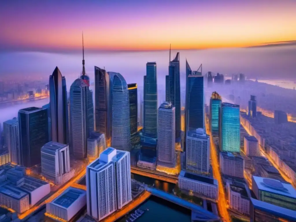 Espectacular skyline urbano al atardecer en 8k Vibrante skyline urbano con rascacielos reflejando un atardecer, simbolizando éxito en exenciones fiscales sector inmobiliario