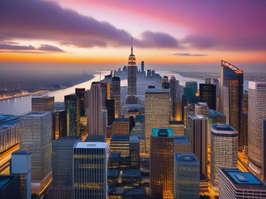 Horizonte urbano de rascacielos: inversión y prosperidad al atardecer Vibrante skyline urbano con rascacielos en atardecer