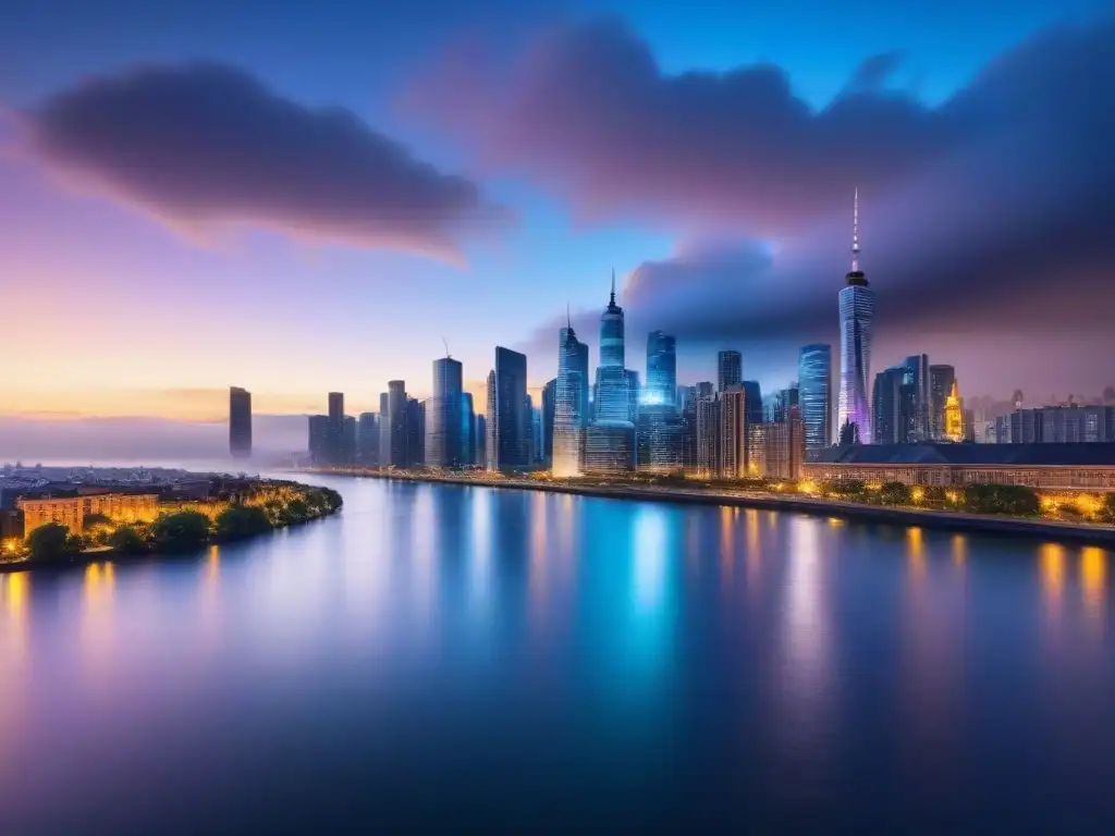 Skyline urbano iluminado al atardecer: mercado inmobiliario vibrante en 8k Vibrante skyline urbano al anochecer, reflejado en el río, simboliza el dinamismo del mercado inmobiliario