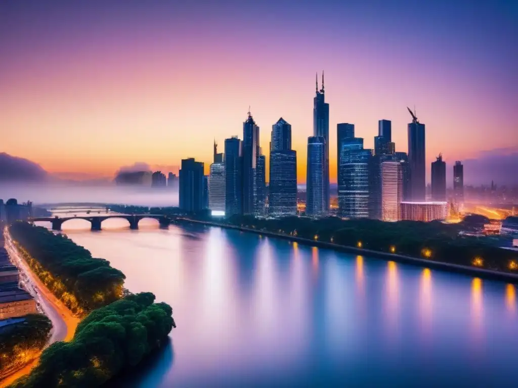 Espléndida vista nocturna de ciudad moderna en 8k Vibrante skyline urbano al anochecer, reflejos en río, ideal para inversión inmobiliaria valor actual neto
