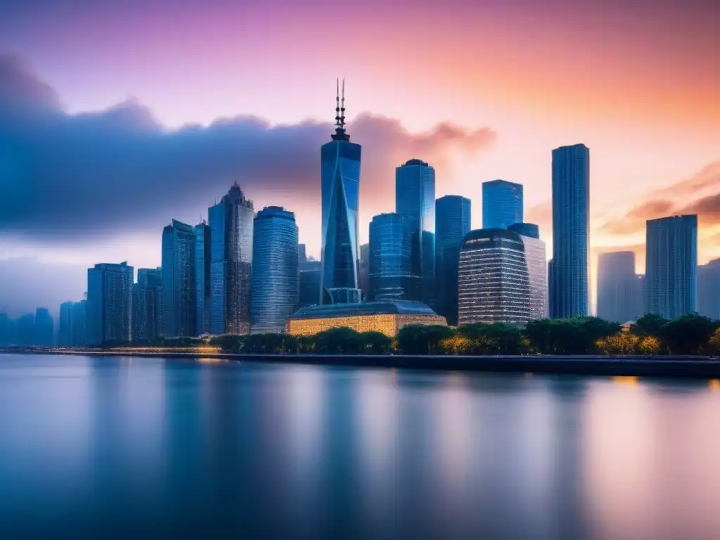 Horizonte urbano vibrante al atardecer: luces y modernidad Vibrante skyline urbano al anochecer sobre río, reflejando modernos rascacielos iluminados