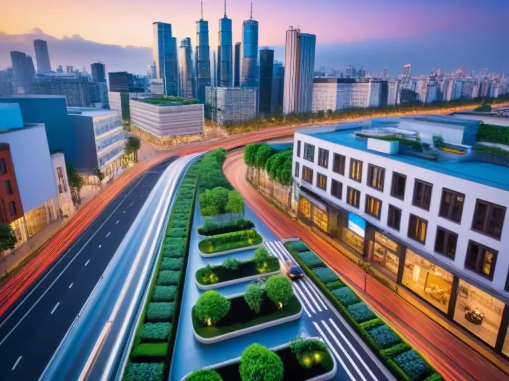 Metrópolis sostenible: vida urbana vibrante al atardecer Vibrante metrópolis sostenible al anochecer, con soluciones sostenibles crecimiento urbano