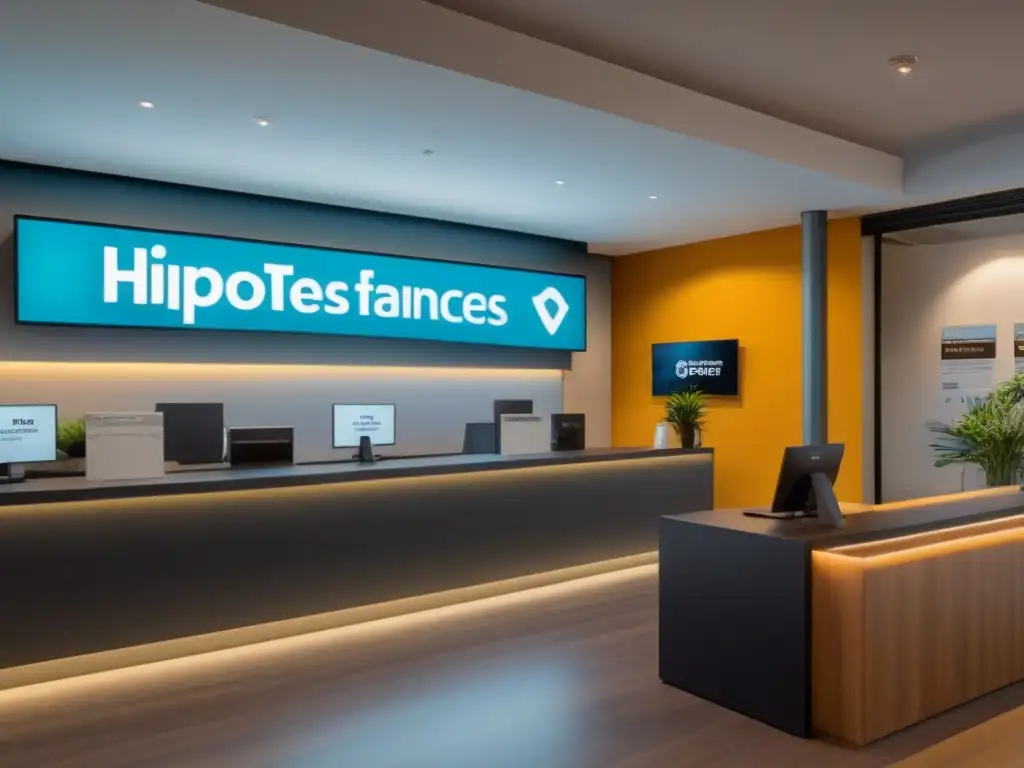 Banca moderna: Hipotecas para freelancers y autoempleados Vibrante sucursal bancaria con 'Mejores bancos hipotecarios freelance' en letrero, ambiente moderno e innovador
