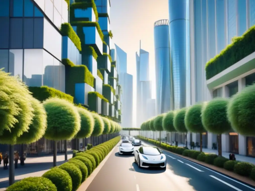 Metrópolis sostenible: Futuro ecoamigable y verde urbano Vibrante metrópolis sustentable con rascacielos ecológicos y calles verdes