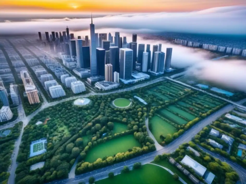 Inversiones inmobiliarias y tendencias demográficas: la ciudad del futuro Vibrante vista aérea de una ciudad moderna con rascacielos, parques y barrios diversos, reflejando Inversiones inmobiliarias tendencias demográficas