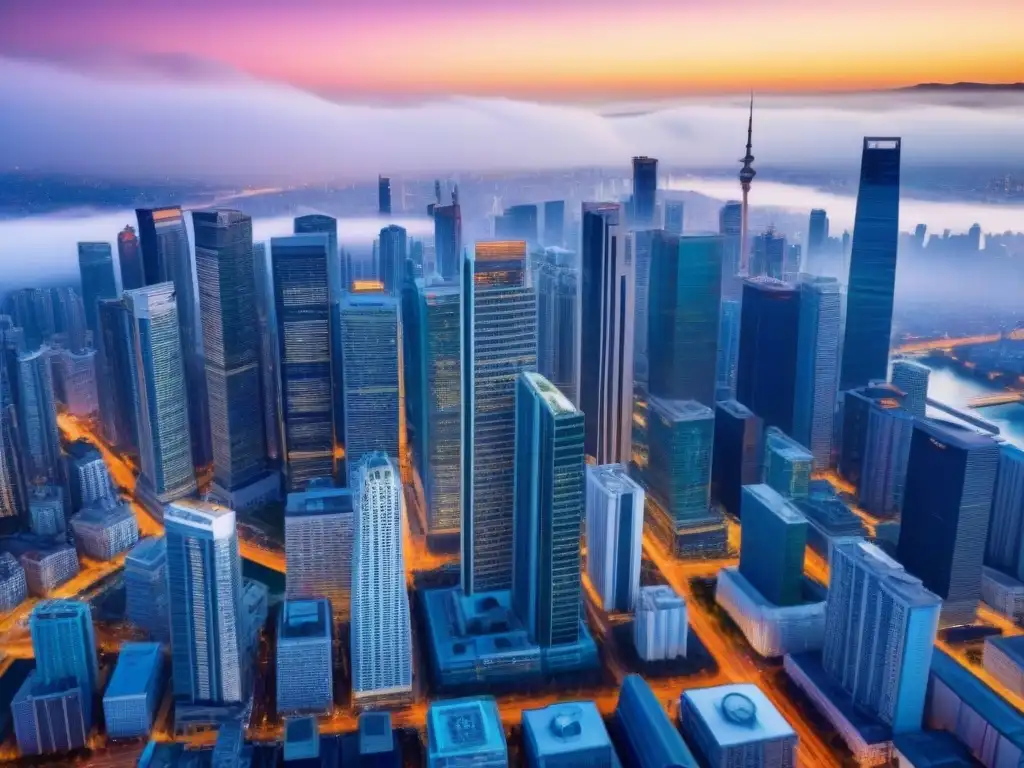 Metrópolis vibrante: real estate y finanzas en armonía Vibrante vista aérea de una ciudad con rascacielos y distritos financieros, ilustrando la complejidad del mercado inmobiliario y financiero
