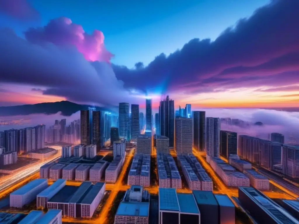 Horizonte futurista: luces neón en metrópolis tecnológica Vibrantes luces de neón reflejadas en rascacielos futuristas al anochecer, destacando un mercado inmobiliario avanzado