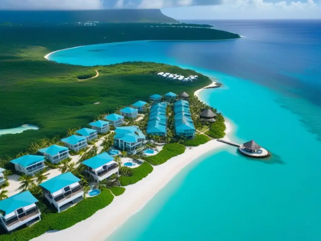 Propiedades de lujo en isla caribeña: vista aérea vibrante y moderna Vibrantes propiedades frente al mar en el Caribe, destacando el lujo del mercado inmobiliario