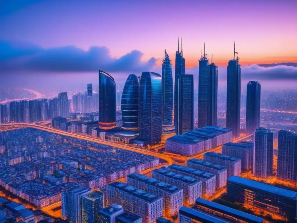 Metrópolis futurista: luces neón en skyline AI Vibrantes rascacielos futuristas iluminados con luces neón en una ciudad al anochecer, conectados por líneas brillantes